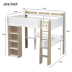 Lit mezzanine double en bois avec étagères de rangement intégrées, tringles à vêtements et bureau, cadre de lit mezzanine en bois avec garde-corps et étagères supérieures