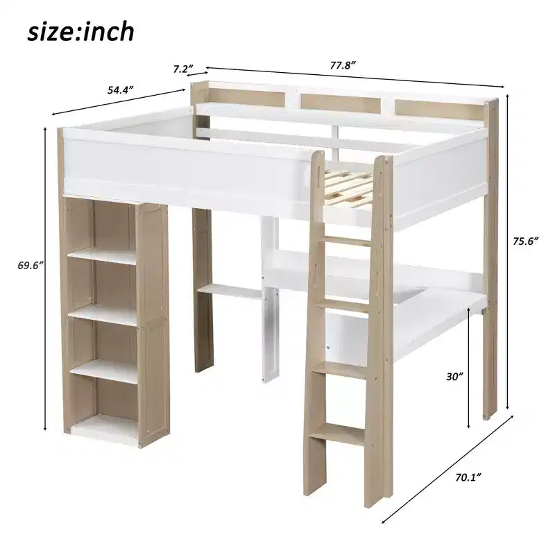 Lit mezzanine double en bois avec étagères de rangement intégrées, tringles à vêtements et bureau, cadre de lit mezzanine en bois avec garde-corps et étagères supérieures