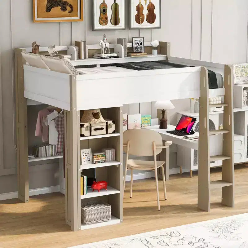 Lit mezzanine double en bois avec étagères de rangement intégrées, tringles à vêtements et bureau, cadre de lit mezzanine en bois avec garde-corps et étagères supérieures