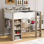 Lit mezzanine double en bois avec étagères de rangement intégrées, tringles à vêtements et bureau, cadre de lit mezzanine en bois avec garde-corps et étagères supérieures