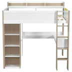 Lit mezzanine double en bois avec étagères de rangement intégrées, tringles à vêtements et bureau, cadre de lit mezzanine en bois avec garde-corps et étagères supérieures