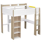 Lit mezzanine double en bois avec étagères de rangement intégrées, tringles à vêtements et bureau, cadre de lit mezzanine en bois avec garde-corps et étagères supérieures