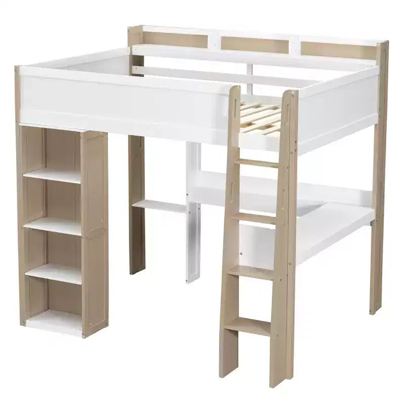 Lit mezzanine double en bois avec étagères de rangement intégrées, tringles à vêtements et bureau, cadre de lit mezzanine en bois avec garde-corps et étagères supérieures