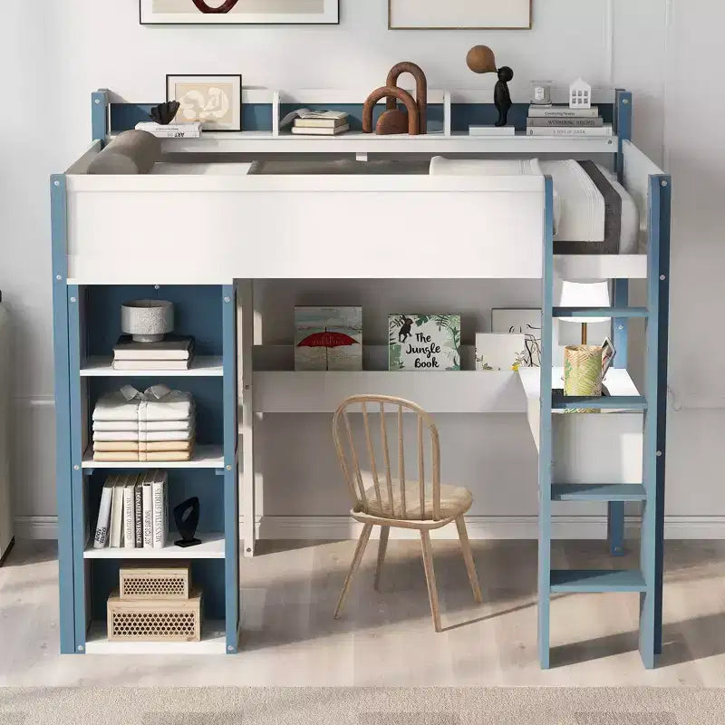 Lit mezzanine double en bois avec étagères de rangement intégrées, tringles à vêtements et bureau, cadre de lit mezzanine en bois avec garde-corps et étagères supérieures