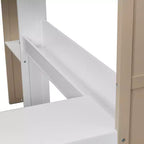 Lit mezzanine double en bois avec étagères de rangement intégrées, tringles à vêtements et bureau, cadre de lit mezzanine en bois avec garde-corps et étagères supérieures