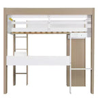 Lit mezzanine double en bois avec étagères de rangement intégrées, tringles à vêtements et bureau, cadre de lit mezzanine en bois avec garde-corps et étagères supérieures