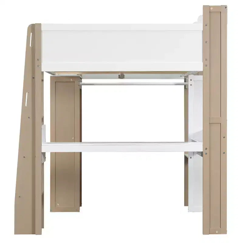Lit mezzanine double en bois avec étagères de rangement intégrées, tringles à vêtements et bureau, cadre de lit mezzanine en bois avec garde-corps et étagères supérieures