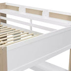 Lit mezzanine double en bois avec étagères de rangement intégrées, tringles à vêtements et bureau, cadre de lit mezzanine en bois avec garde-corps et étagères supérieures