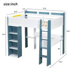 Lit mezzanine double en bois avec étagères de rangement intégrées, tringles à vêtements et bureau, cadre de lit mezzanine en bois avec garde-corps et étagères supérieures