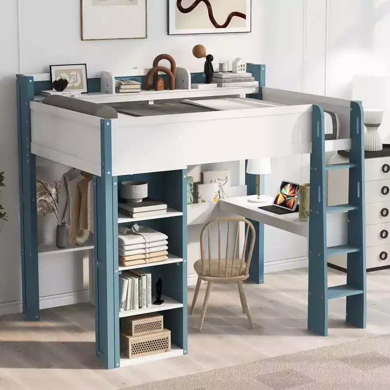 Lit mezzanine double en bois avec étagères de rangement intégrées, tringles à vêtements et bureau, cadre de lit mezzanine en bois avec garde-corps et étagères supérieures
