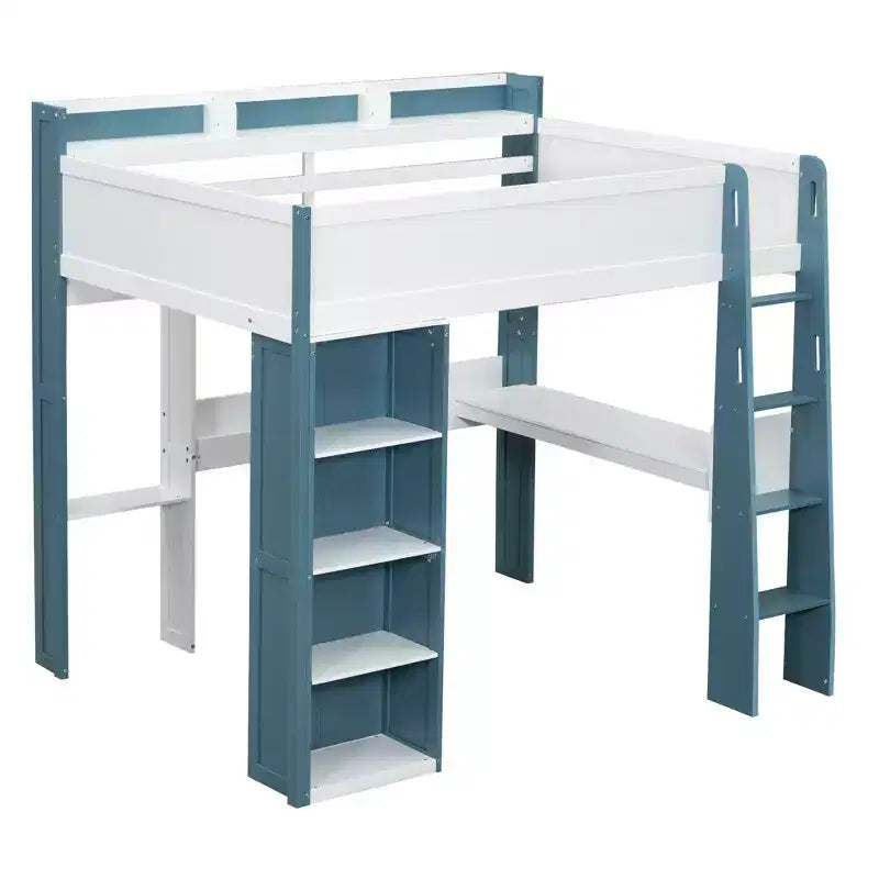 Lit mezzanine double en bois avec étagères de rangement intégrées, tringles à vêtements et bureau, cadre de lit mezzanine en bois avec garde-corps et étagères supérieures