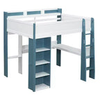 Lit mezzanine double en bois avec étagères de rangement intégrées, tringles à vêtements et bureau, cadre de lit mezzanine en bois avec garde-corps et étagères supérieures
