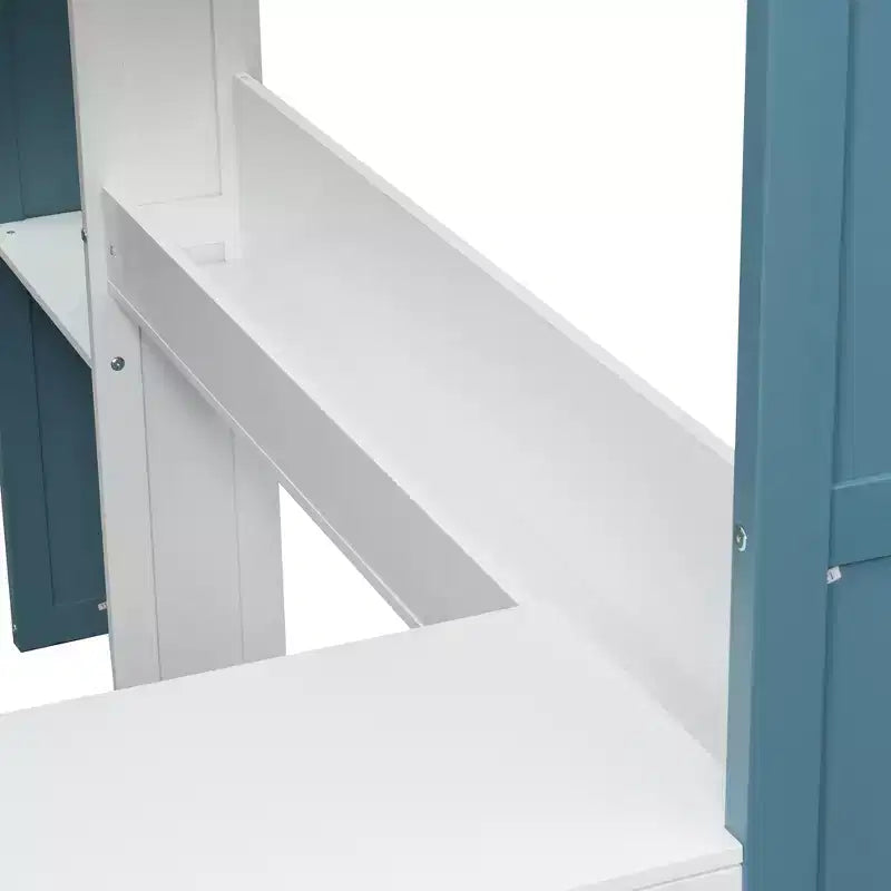 Lit mezzanine double en bois avec étagères de rangement intégrées, tringles à vêtements et bureau, cadre de lit mezzanine en bois avec garde-corps et étagères supérieures