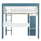 Lit mezzanine double en bois avec étagères de rangement intégrées, tringles à vêtements et bureau, cadre de lit mezzanine en bois avec garde-corps et étagères supérieures