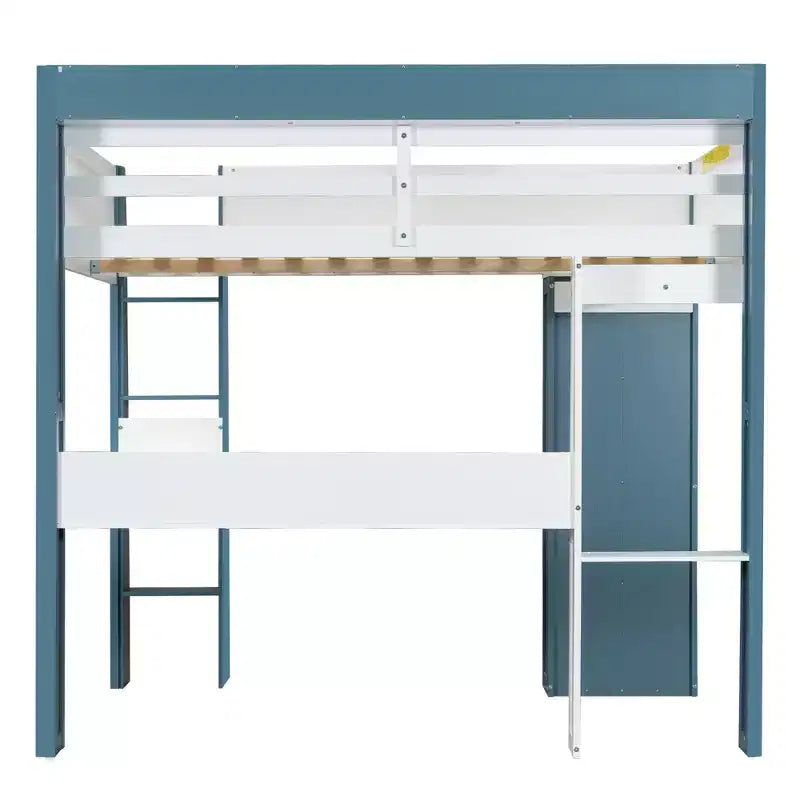 Lit mezzanine double en bois avec étagères de rangement intégrées, tringles à vêtements et bureau, cadre de lit mezzanine en bois avec garde-corps et étagères supérieures