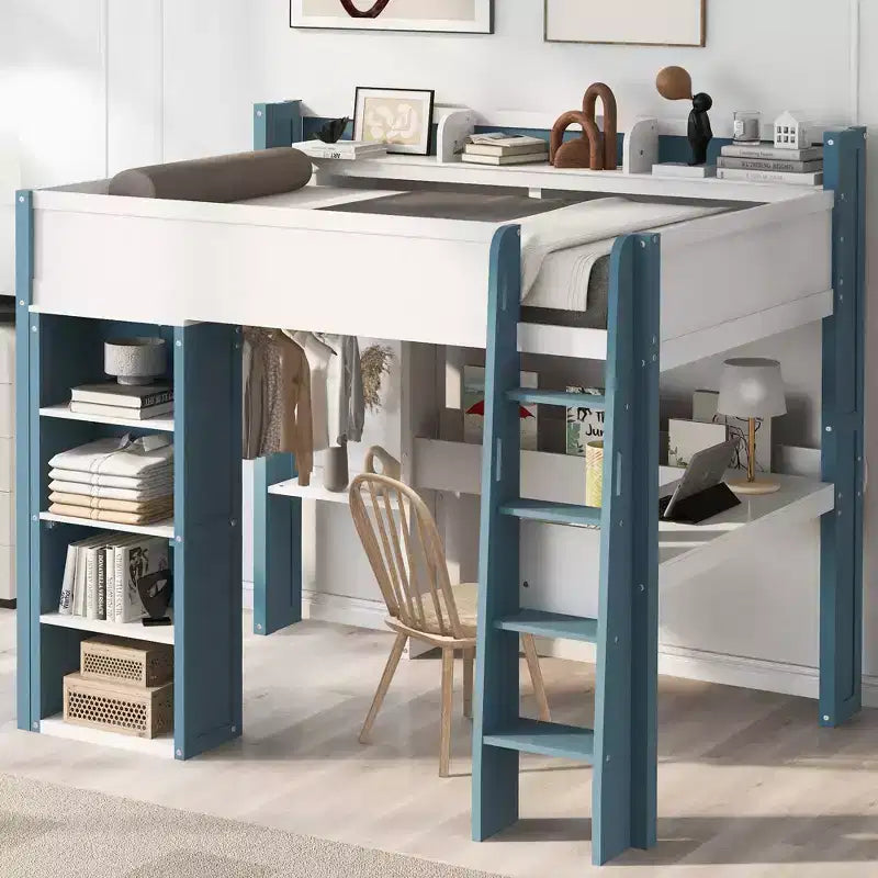 Full Size Wood Loft Bed with Built-in Storage Shelves, Clothes Rails and Desk, Wood Loft Bed Frame with Guardrail and Top Shelves