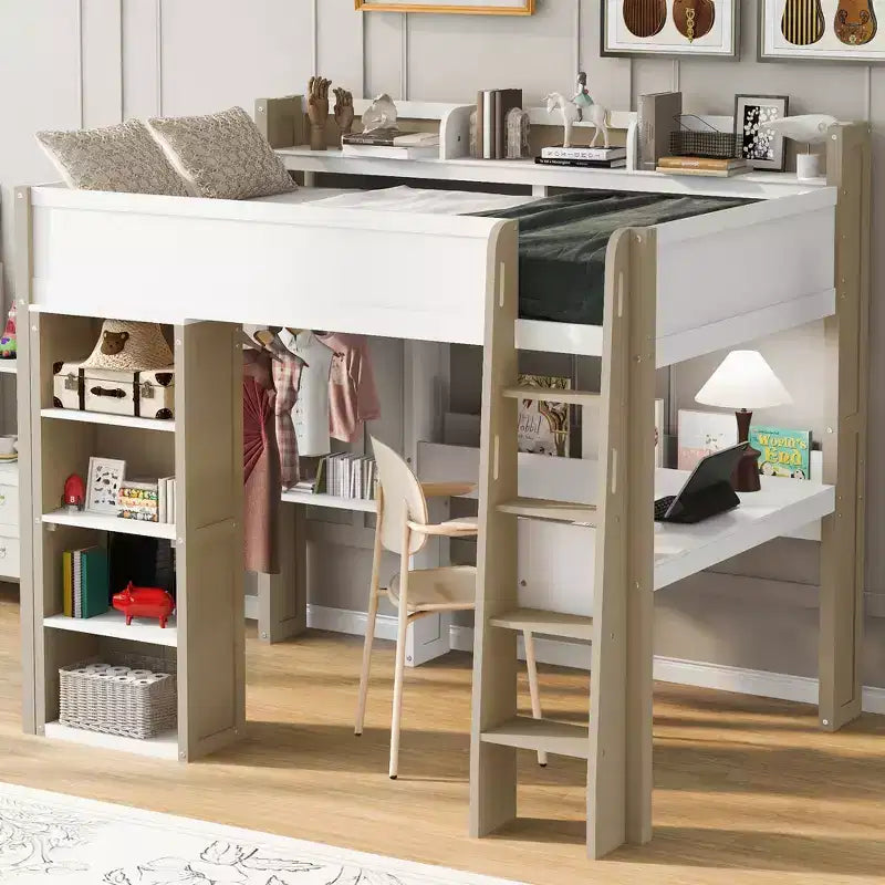 Lit mezzanine double en bois avec étagères de rangement intégrées, tringles à vêtements et bureau, cadre de lit mezzanine en bois avec garde-corps et étagères supérieures