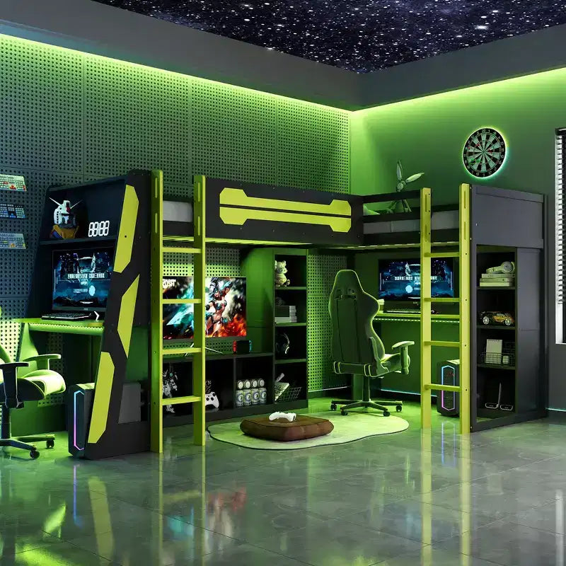 Lit mezzanine de jeu en L avec bureaux, lits superposés doubles avec lumières LED, ports USB, étagères de rangement, lit mezzanine d'angle en bois pour 2 personnes