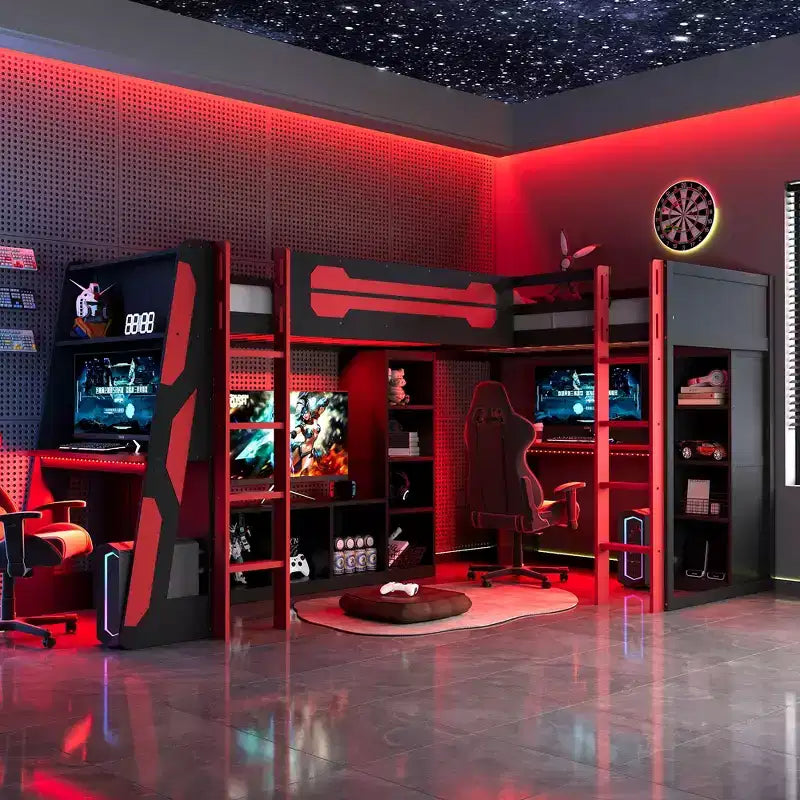 Lit mezzanine de jeu en L avec bureaux, lits superposés doubles avec lumières LED, ports USB, étagères de rangement, lit mezzanine d'angle en bois pour 2 personnes