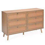 JVNOXK Coiffeuse double en rotin de 51 pouces avec six tiroirs, commode à cinq tiroirs, commode de style moderne, panneau arrière fixe, finition ton bois
