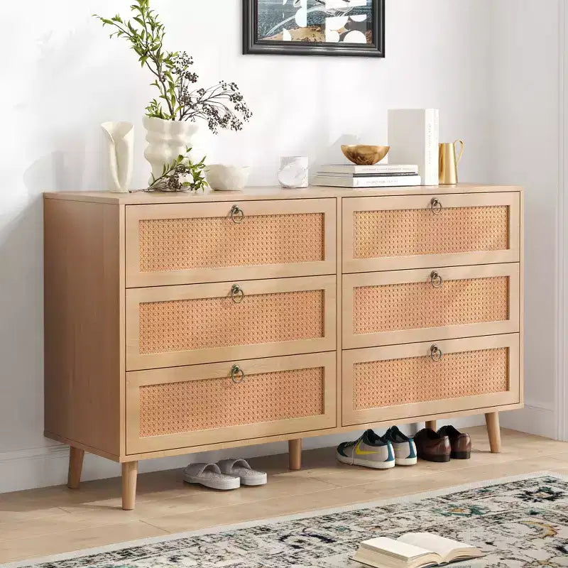 JVNOXK Coiffeuse double en rotin de 51 pouces avec six tiroirs, commode à cinq tiroirs, commode de style moderne, panneau arrière fixe, finition ton bois