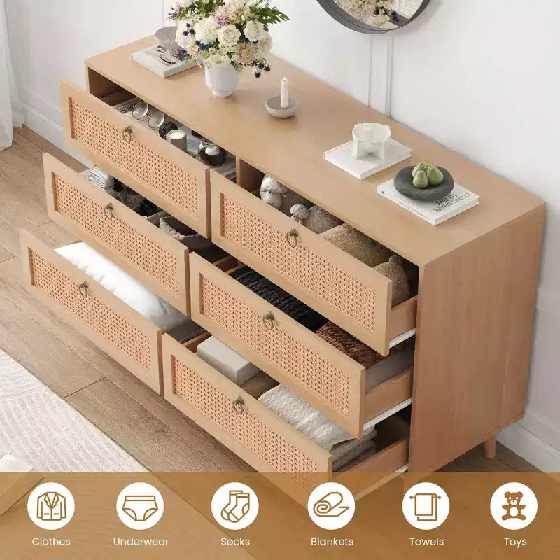 JVNOXK Coiffeuse double en rotin de 51 pouces avec six tiroirs, commode à cinq tiroirs, commode de style moderne, panneau arrière fixe, finition ton bois