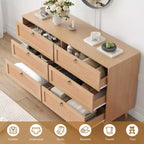JVNOXK Coiffeuse double en rotin de 51 pouces avec six tiroirs, commode à cinq tiroirs, commode de style moderne, panneau arrière fixe, finition ton bois