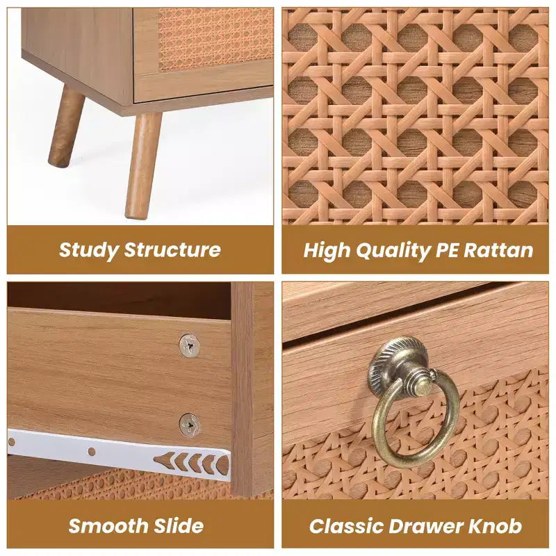 JVNOXK Coiffeuse double en rotin de 51 pouces avec six tiroirs, commode à cinq tiroirs, commode de style moderne, panneau arrière fixe, finition ton bois