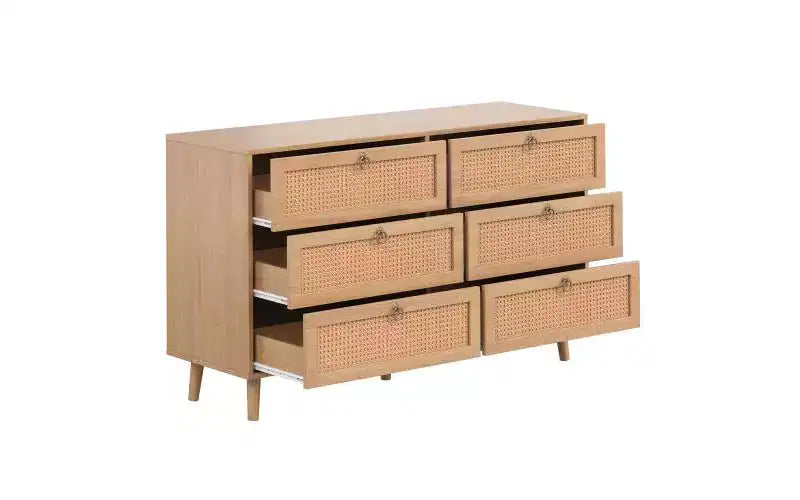 JVNOXK Coiffeuse double en rotin de 51 pouces avec six tiroirs, commode à cinq tiroirs, commode de style moderne, panneau arrière fixe, finition ton bois