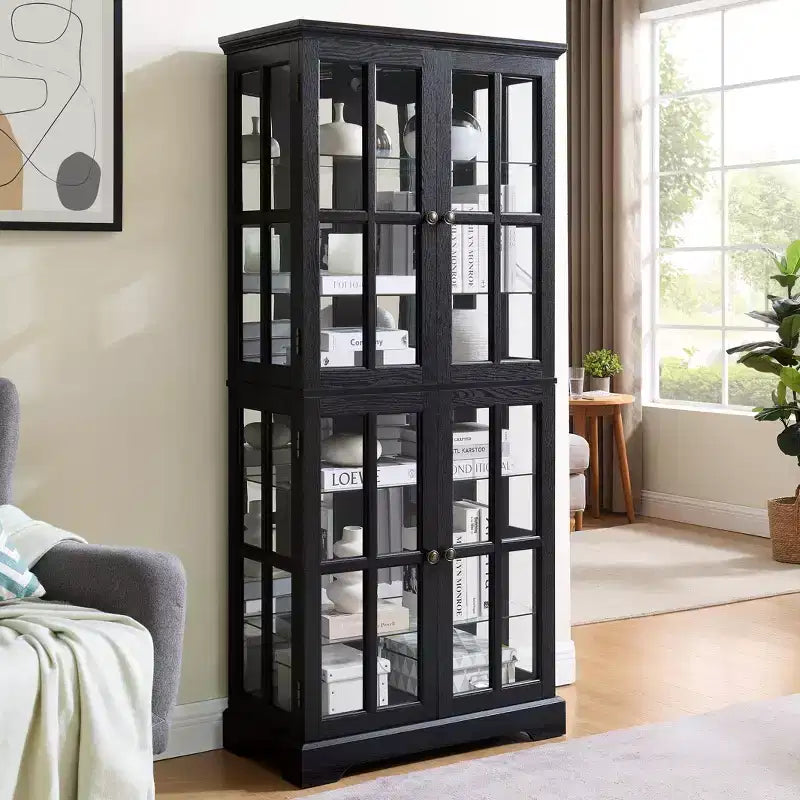 VIYET 69 Bibliothèque/Vitrine Antique - MDF Noir+Verre, 4 Portes, Étagères Réglables, Ampoule E26