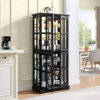 VIYET 69 Bibliothèque/Vitrine Antique - MDF Noir+Verre, 4 Portes, Étagères Réglables, Ampoule E26