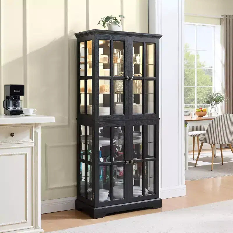 VIYET 69 Bibliothèque/Vitrine Antique - MDF Noir+Verre, 4 Portes, Étagères Réglables, Ampoule E26