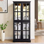 VIYET 69 Bibliothèque/Vitrine Antique - MDF Noir+Verre, 4 Portes, Étagères Réglables, Ampoule E26
