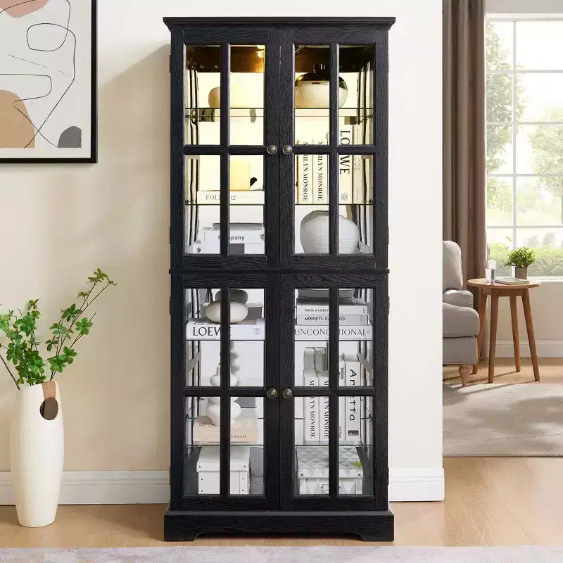 VIYET 69 Bibliothèque/Vitrine Antique - MDF Noir+Verre, 4 Portes, Étagères Réglables, Ampoule E26