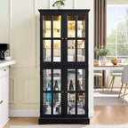 VIYET 69 Bibliothèque/Vitrine Antique - MDF Noir+Verre, 4 Portes, Étagères Réglables, Ampoule E26