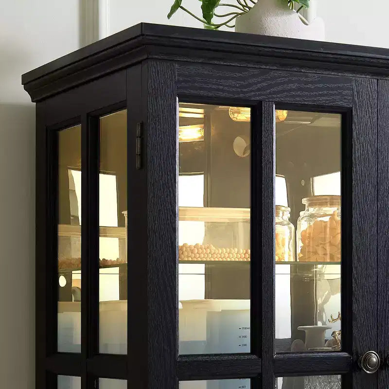 VIYET 69 Bibliothèque/Vitrine Antique - MDF Noir+Verre, 4 Portes, Étagères Réglables, Ampoule E26