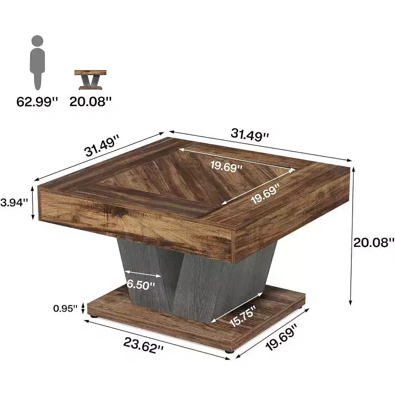 Table basse carrée Lantine, Table basse en bois pour salon, Table d'appoint moderne 80 cm, Marron rustique et noir