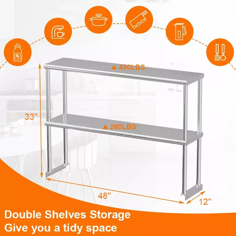 Doubles étagères supérieures en acier inoxydable, 48x12 pouces, étagères supérieures commerciales avec étagère inférieure réglable, résistantes à la rouille, pour table de préparation et établi