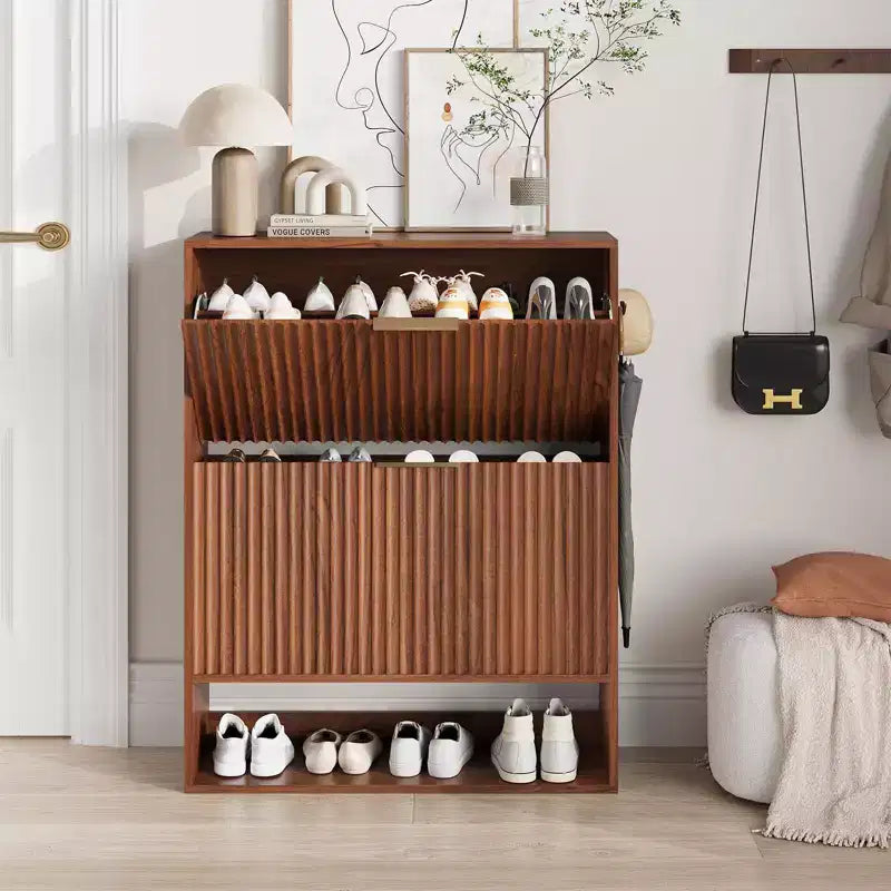 Meuble à chaussures fin et cannelé avec 2 tiroirs basculants et étagère inférieure, organiseur de rangement caché pour entrée, couloir et placard - Étagère à chaussures autoportante