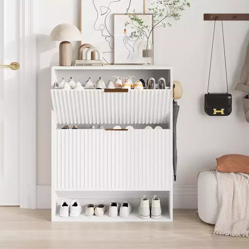 Meuble à chaussures fin et cannelé avec 2 tiroirs basculants et étagère inférieure, organiseur de rangement caché pour entrée, couloir et placard - Étagère à chaussures autoportante