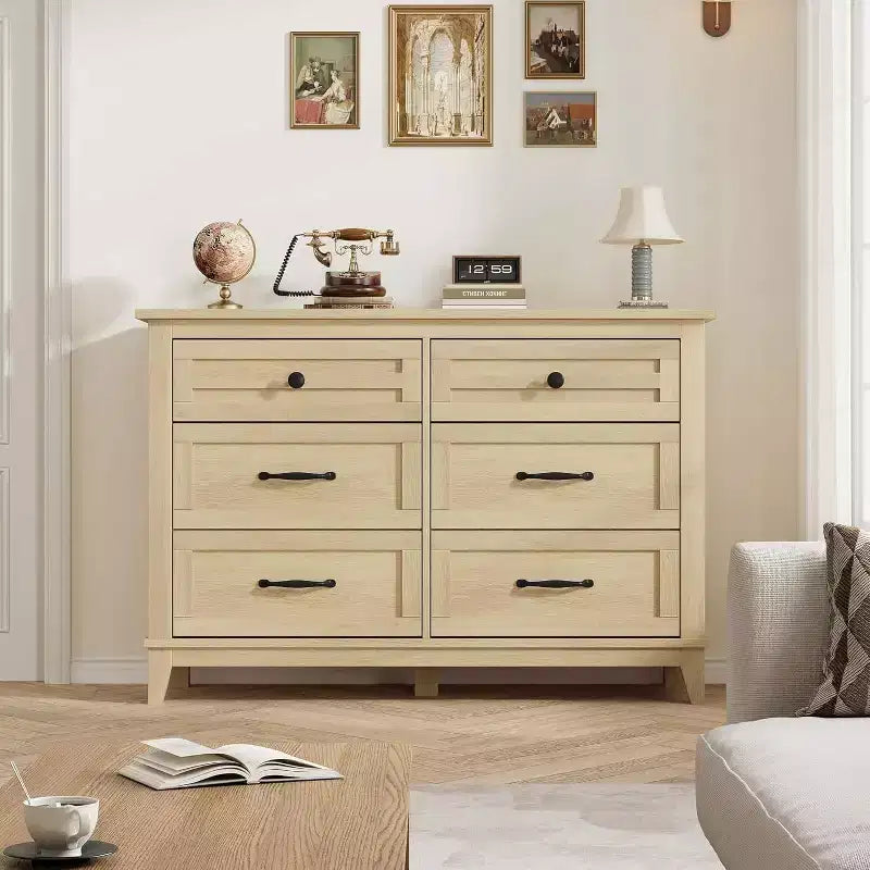 Commode 6 tiroirs pour chambre, commode de 119 cm de large avec rangement autonome, commode de rangement en bois pour salon, chambre, entrée