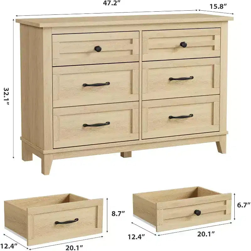 Commode 6 tiroirs pour chambre, commode de 119 cm de large avec rangement autonome, commode de rangement en bois pour salon, chambre, entrée