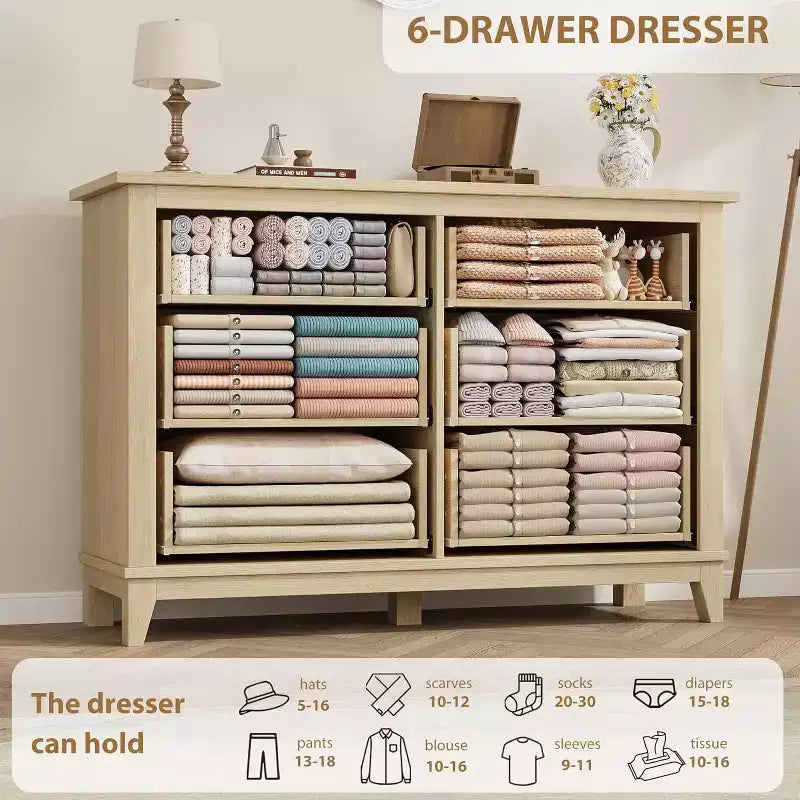 Commode 6 tiroirs pour chambre, commode de 119 cm de large avec rangement autonome, commode de rangement en bois pour salon, chambre, entrée