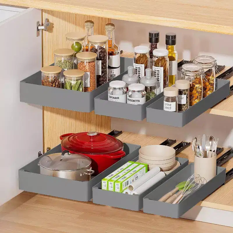 Organisateur de placard coulissant extensible, tiroir coulissant robuste de 40 cm à décoller et coller pour casseroles et poêles, adhésif réglable, sans perçage ni vis, gris