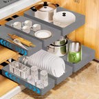 Organisateur de placard coulissant extensible, tiroir coulissant robuste de 40 cm à décoller et coller pour casseroles et poêles, adhésif réglable, sans perçage ni vis, gris