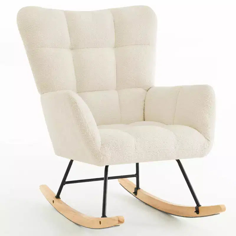 Fauteuil à bascule Furniliving en similicuir sherpa, inclinable avec dossier haut et pieds en bois