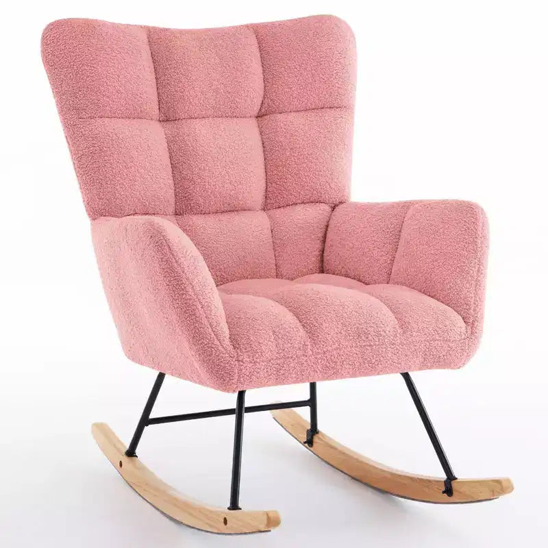 Fauteuil à bascule Furniliving en similicuir sherpa, inclinable avec dossier haut et pieds en bois
