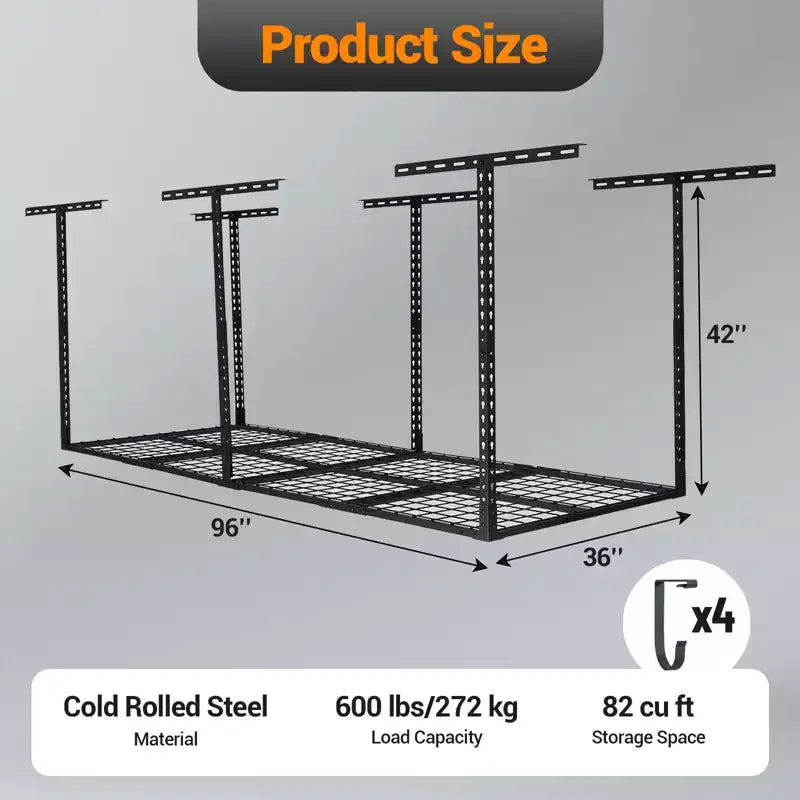 Étagère de rangement de garage robuste 3X8 pi, système d'organisation de garage en métal, étagères de rangement réglables au plafond, capacité de charge de 600 lb