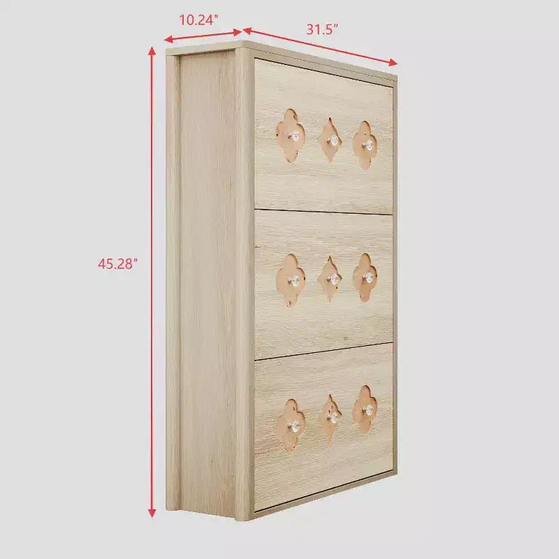 Meuble à chaussures mince autoportant avec 3 tiroirs basculants, meuble à chaussures en bois dissimulé avec motif floral évidé et poignées en forme de diamant, pour la maison