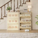 Meuble à chaussures mince autoportant avec 3 tiroirs basculants, meuble à chaussures en bois dissimulé avec motif floral évidé et poignées en forme de diamant, pour la maison
